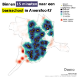 Twee kaarten over nabijheid: links scholen in Amersfoort die op 15 minuten liggen en rechts OV-haltes in Eindhoven.
