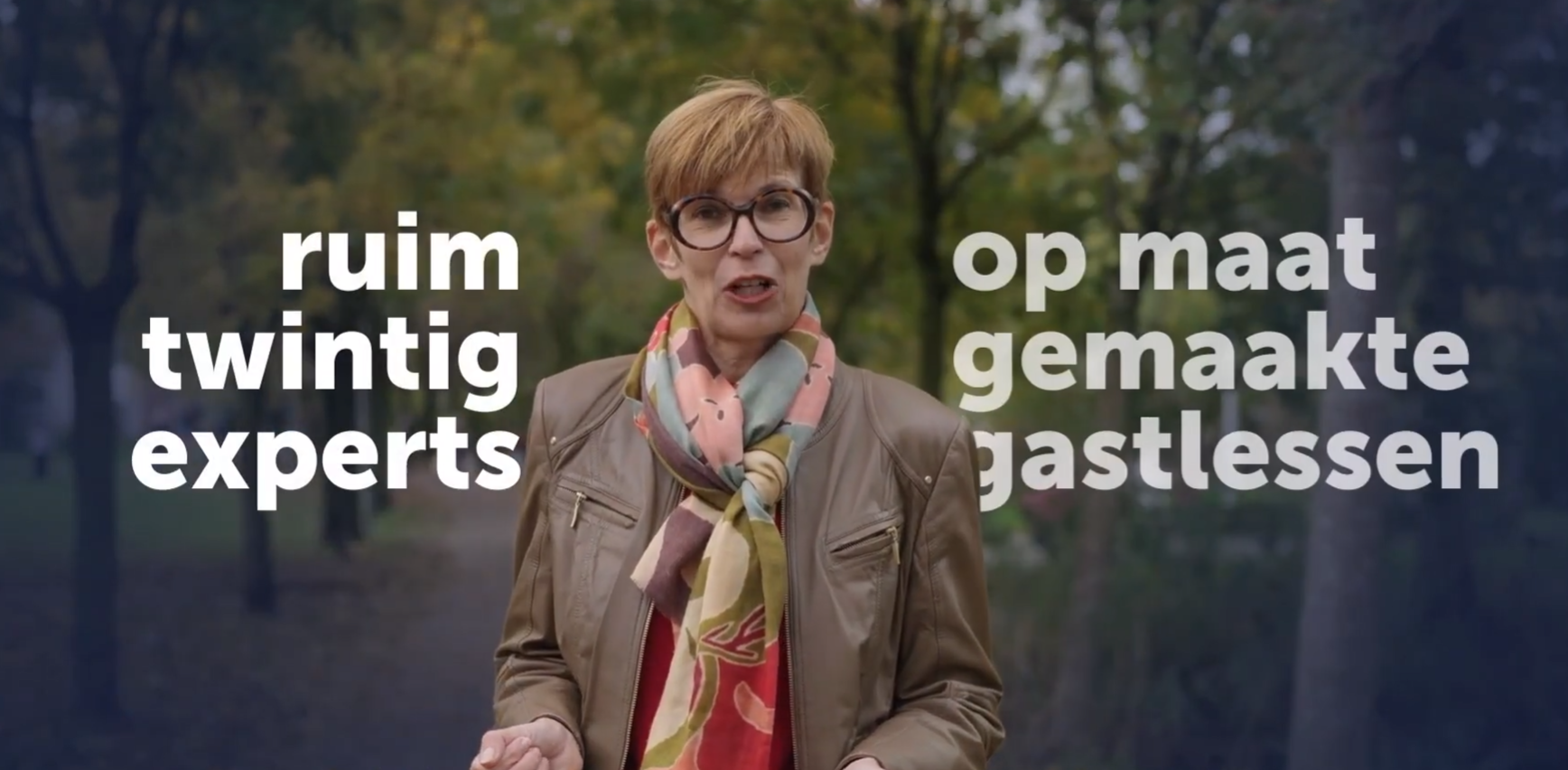 Wilma met onscreen tekst: ruim twintig experts, op maat gemaakte gastlessen - lopen in het onderwijs.